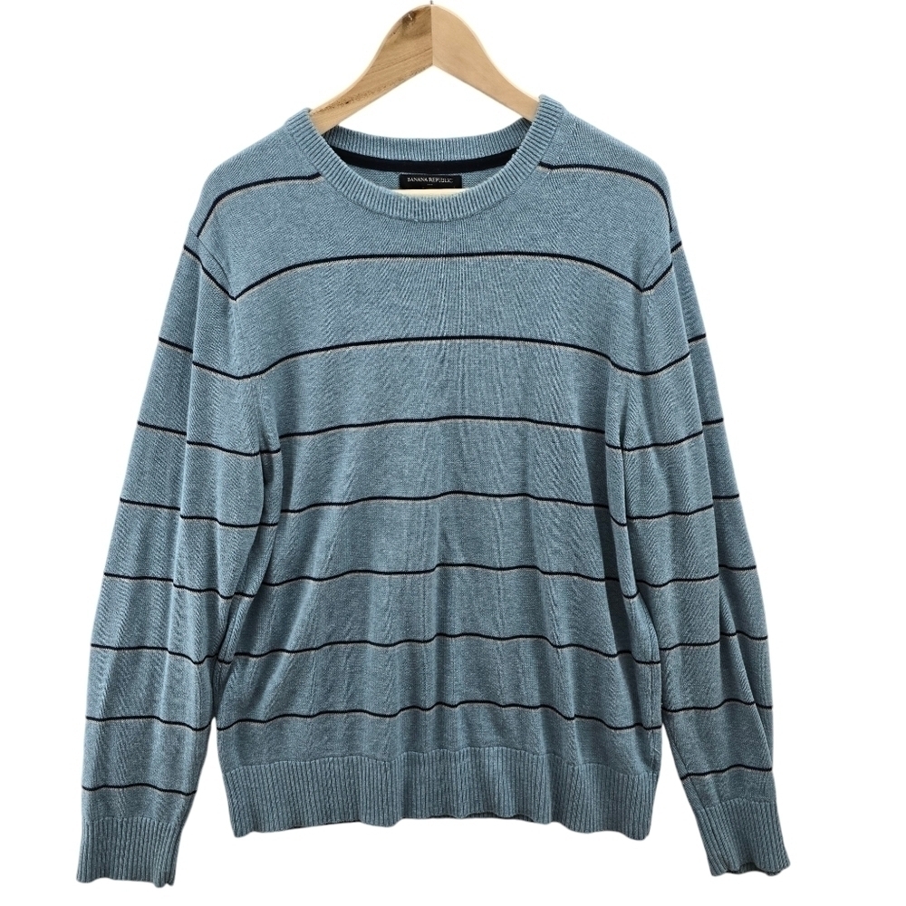 Banana Republic Crewneck Cotton Stripe Sweater Blue Men's Large Jumper - Picture 2 of 8